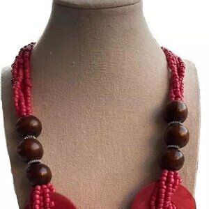 Vintage Estate Pink Wood Bead Seed Statement Necklace Pink Round Light Weight